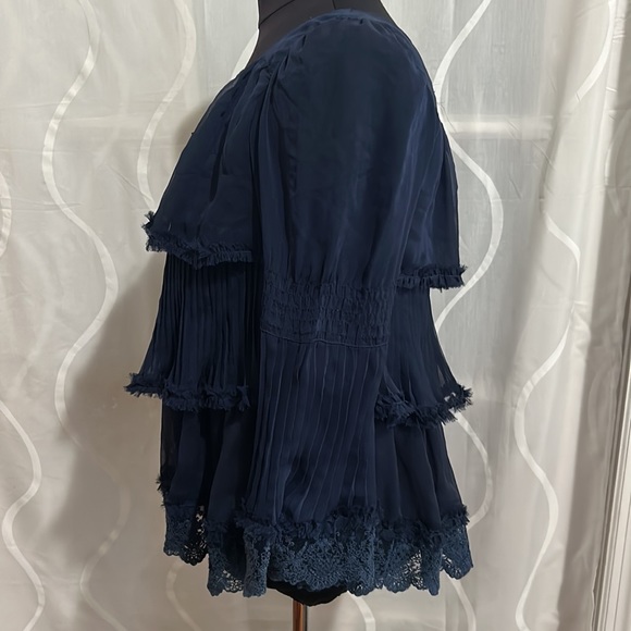 Jet Label, Fashion For Joy, Navy Lace Ruffled Tier Open Front Top, Small. - Picture 3 of 10
